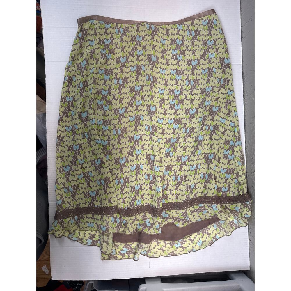 Sigrid Olsen Womens Green‎ Brown Print Lace Trim Boho Mini Skirt Lined Size 14